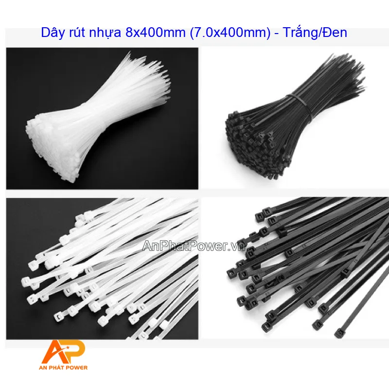 Dây rút nhựa 8x400mm (7.0x400mm) - Trắng/Đen