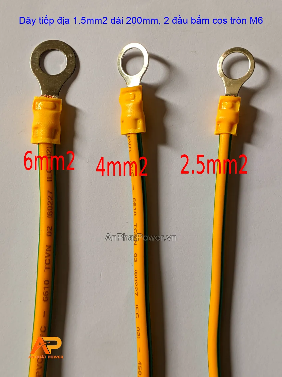 Dây tiếp địa 1.5mm2 dài 200mm, 2 đầu bấm cos tròn M6