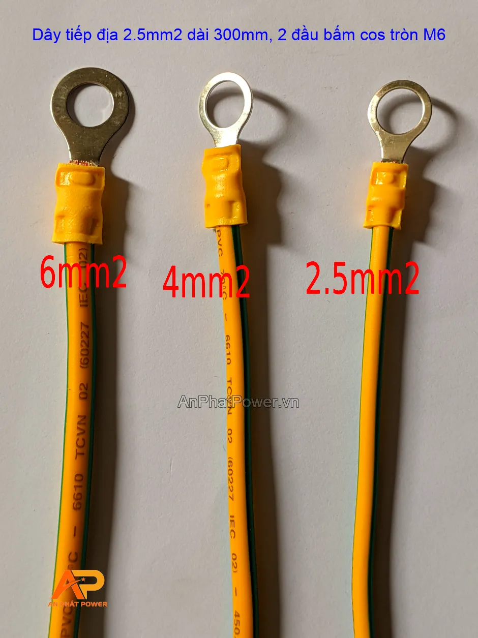 Dây tiếp địa 2.5mm2 dài 300mm, 2 đầu bấm cos tròn M6