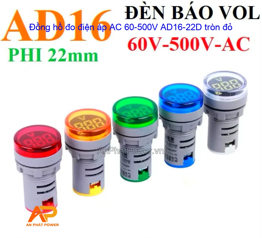 Đồng hồ đo điện áp AC 60-500V AD16-22D tròn đỏ