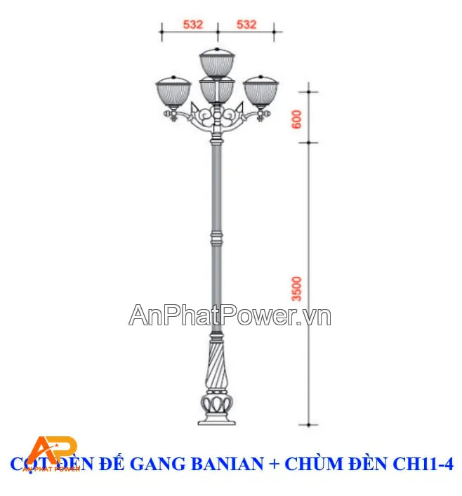 Cột đèn sân vườn Banian đế gang, chùm đèn CH11-4 Chính hãng