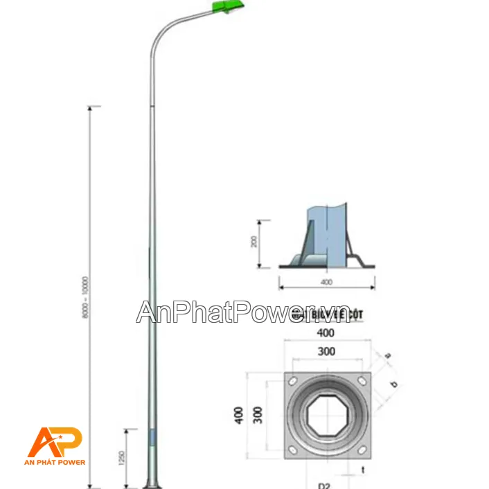 Cột đèn bát giác liền cần chiếu sáng đường phố Chính hãng